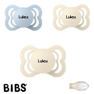  Bibs Supreme Schnuller mit Namen,  Symmetrisch, Silikon, Gr. 1, 2 Ivory, 1 Baby Blue, 3'er Pack